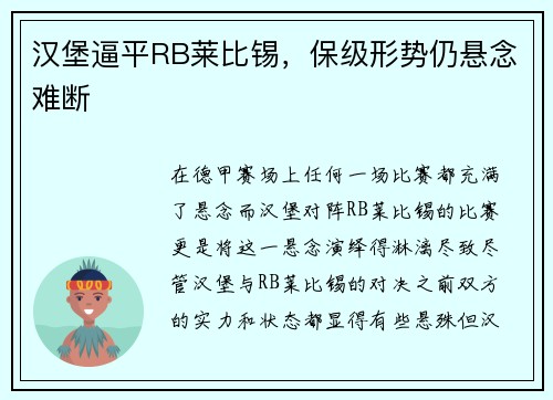 汉堡逼平RB莱比锡，保级形势仍悬念难断